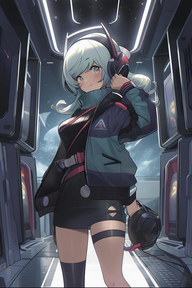 photorealism, a super cool spacepunk chick, she is walking on a street in a space station with headphones on, her clothing is futuristic and colorful, generat ai photo