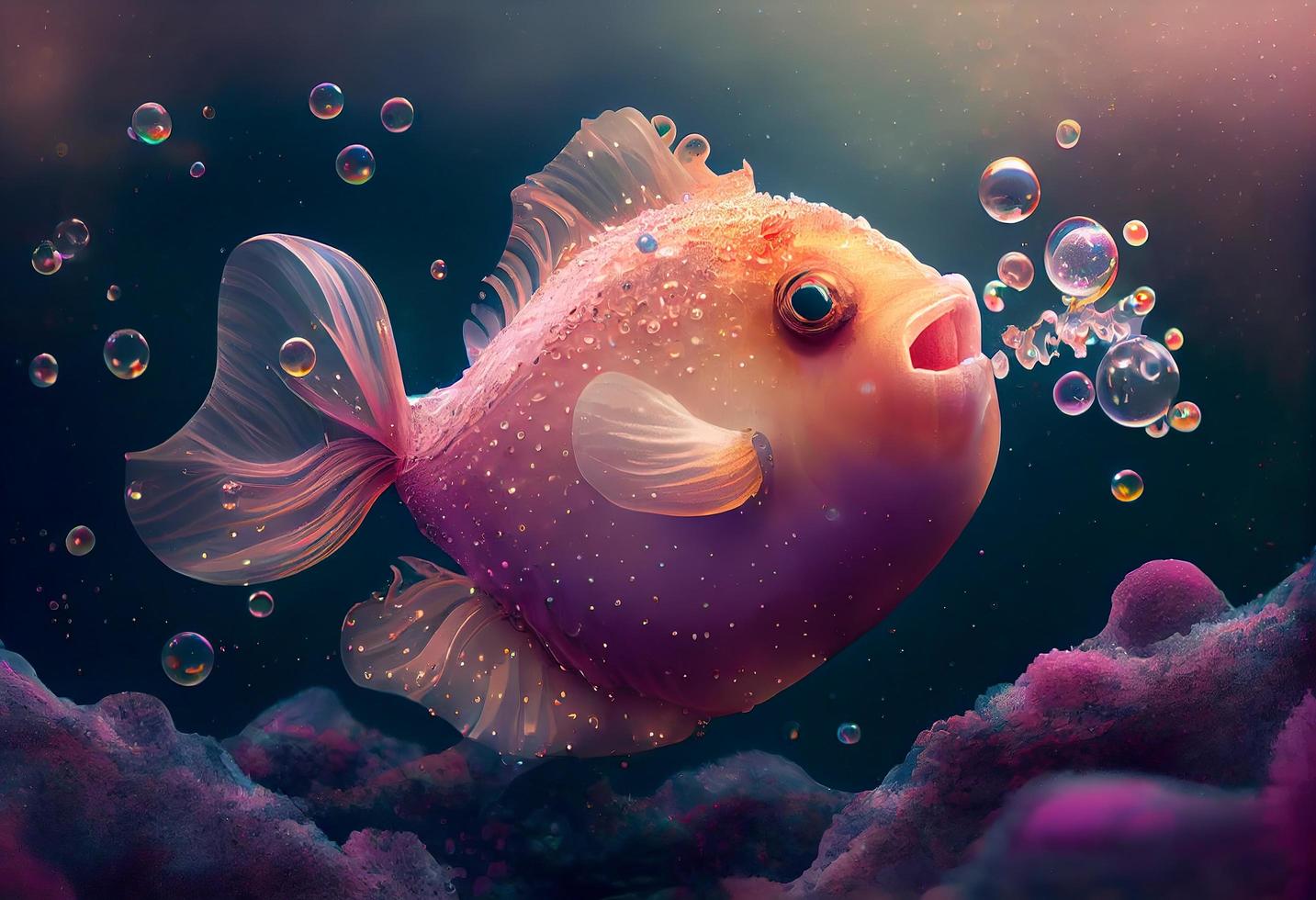 A surrealistic hyperrealistic fairytale cute anglerfish. The background is a landscape with peach, pink and iridescent soap bubbles floating around, generat ai photo