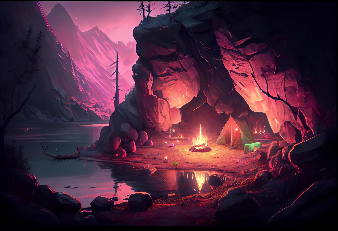 A surrealistic hyperrealistic fairytale romantic campsite with a small campfire in a cove in the mountain with pink light shining into it, generat ai photo