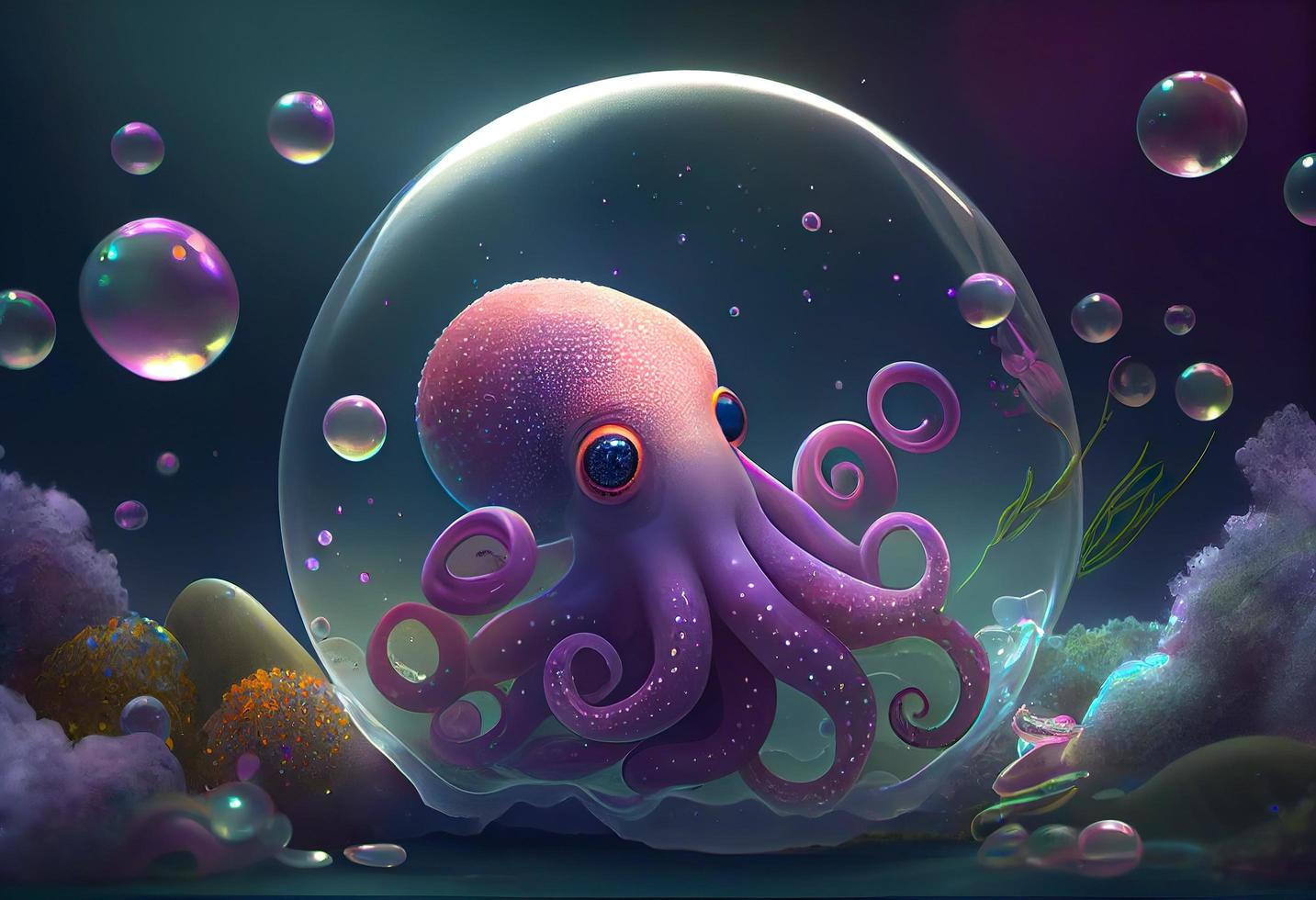A surrealistic hyperrealistic fairytale cute octopus. The background is a landscape with purple, pink  and iridescent soap bubbles floating around, generat ai photo