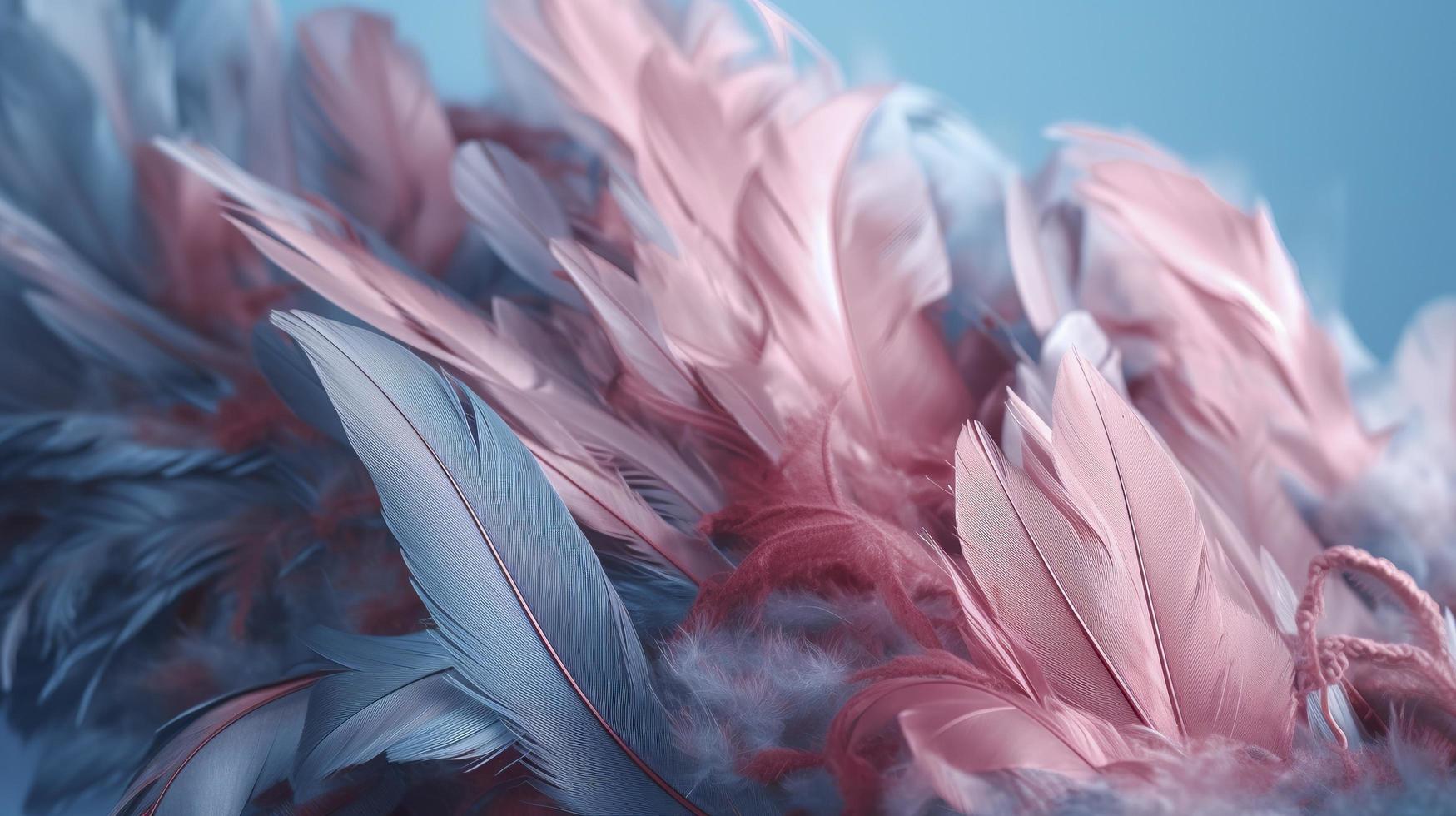 a bright blue background with one Deep Carmine Pink  Flamingo feathers, in the style of soft and dreamy pastels, glimmering light effects, nature-inspired imagery, generat ai photo