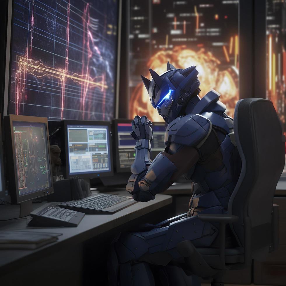 A picture of optimus prime as a forext trader looking at trading monitors with stock charts, photorealistic, 8k, generat ai photo