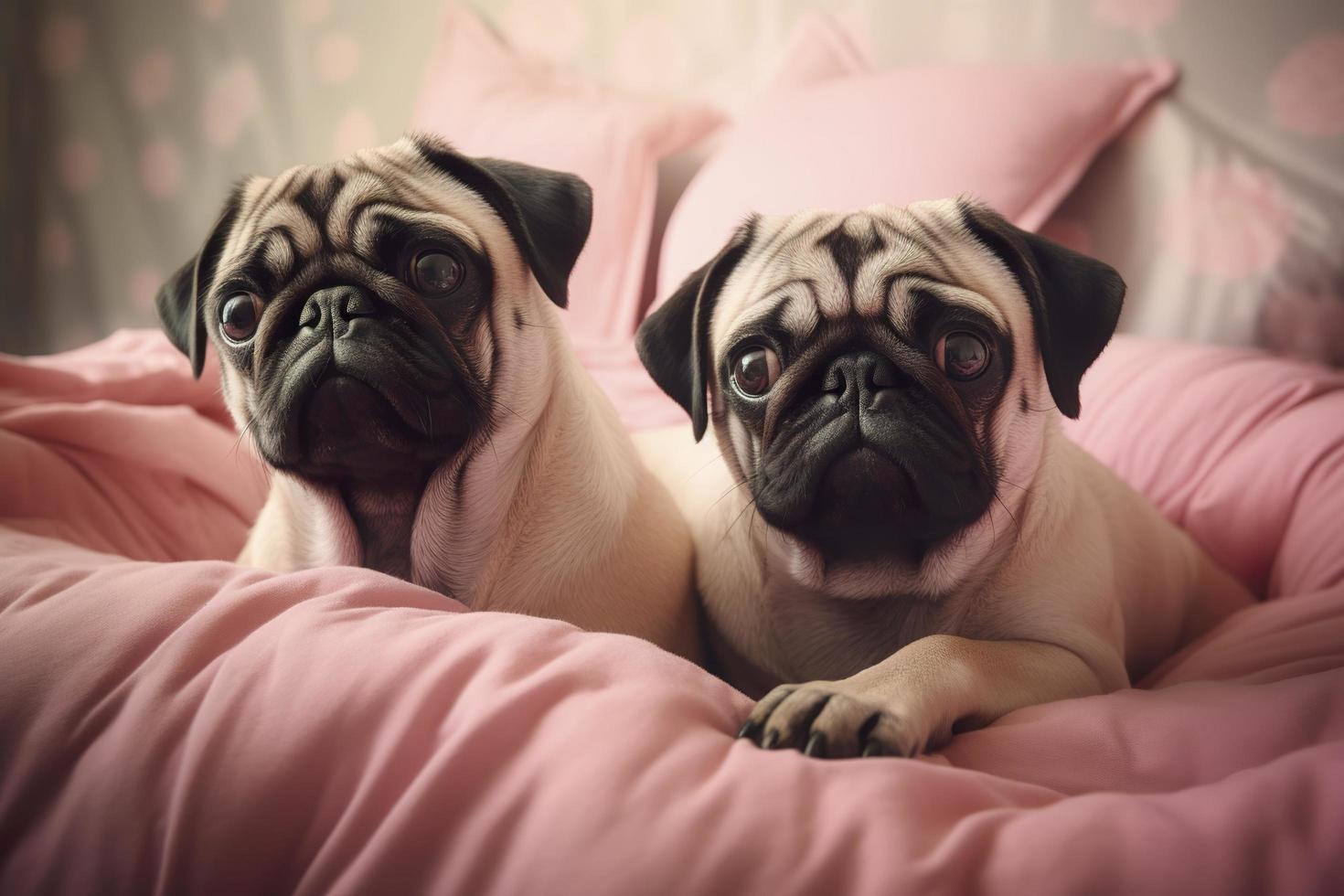 Two adorable pugs are snuggling on a pink bed photorealist, generate ai photo