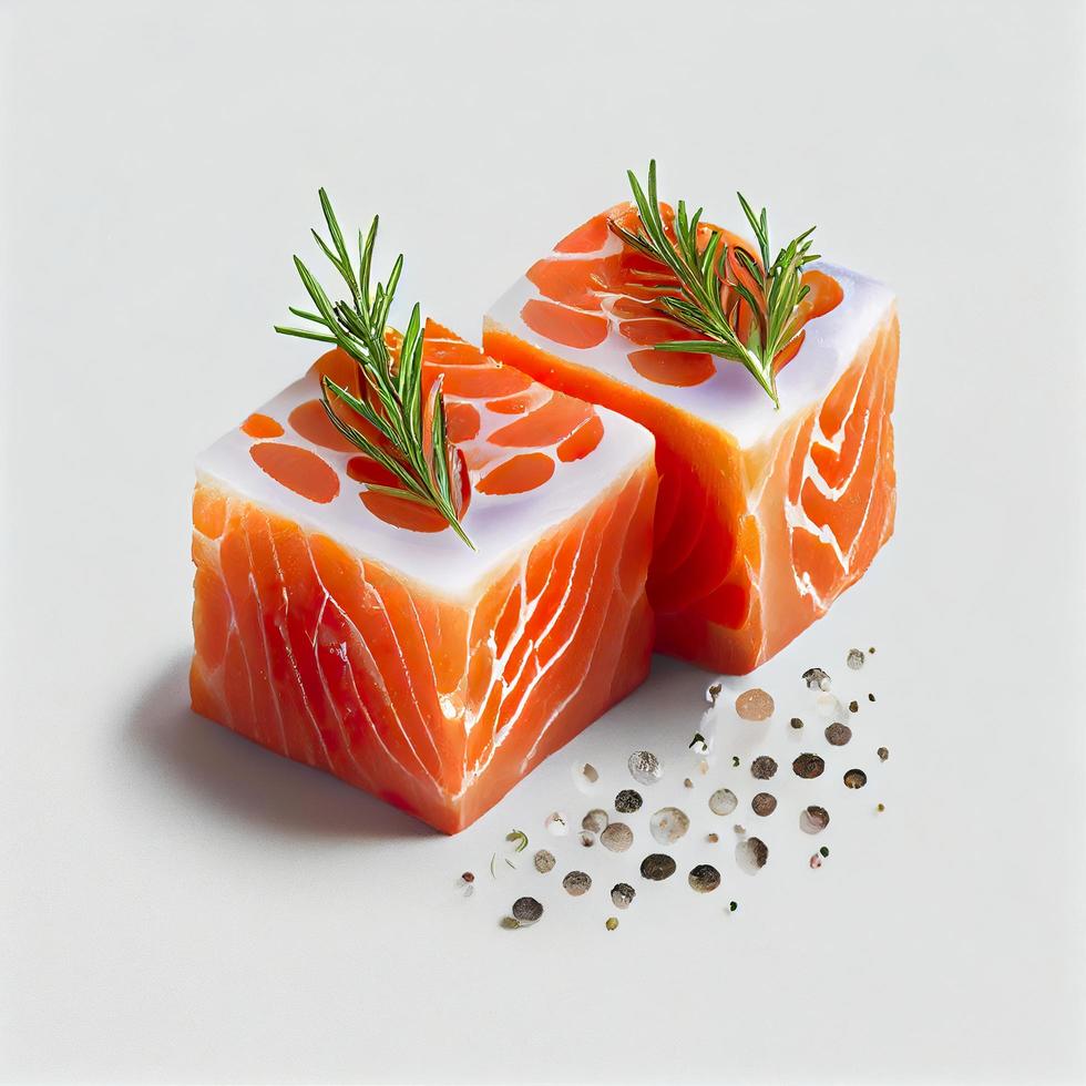 Salmon slices isolated on white background with clipping path, cubes of red fish with rosemary and peppercorns, ingredient for sushi or salad, generate ai photo