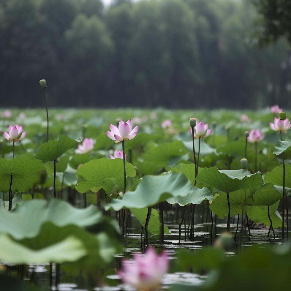 In summer, the green lotus leaves sway gently on the clear pool water, the slender lotus roots sway with the wind, and the pink lotus flowers are about to bloom, generat ai photo