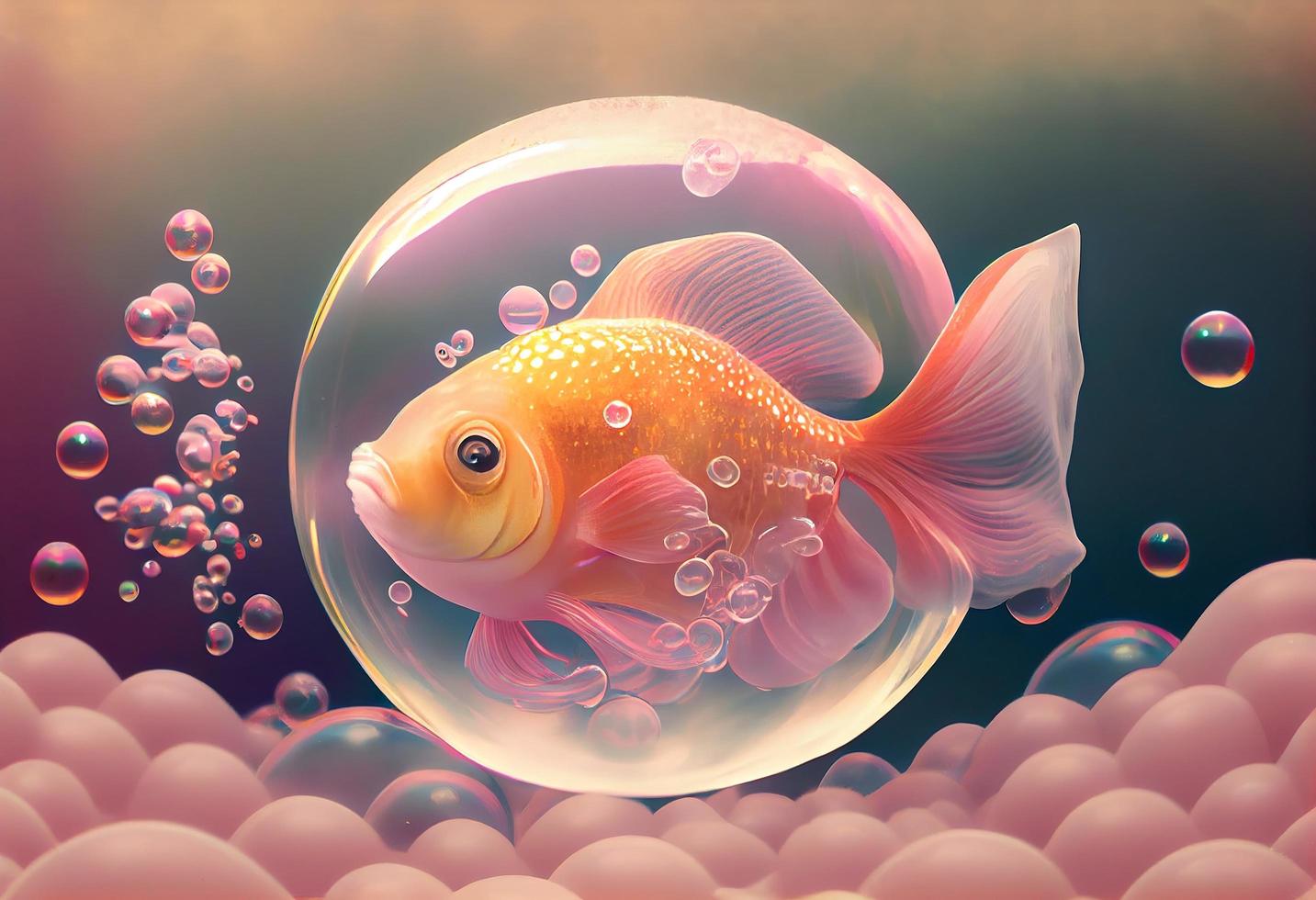 un surrealista Híper realista cuento de hadas linda abrazo pez. el antecedentes es un paisaje con durazno, rosado y iridiscente jabón burbujas flotante alrededor, generar ai foto