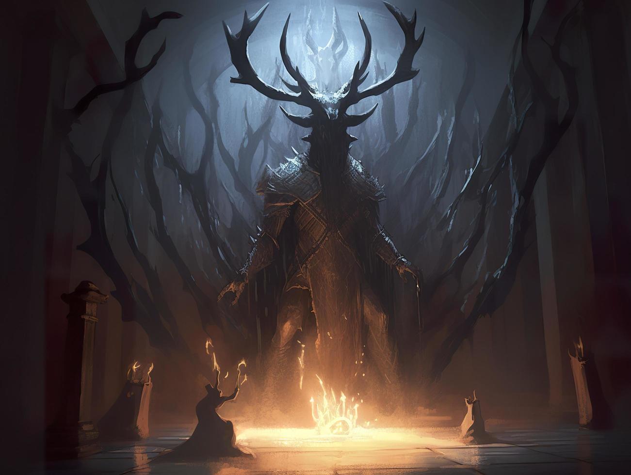 DnD art shrouded monster wreathed in lightening with antlers standing in darkened corner of a medieval throne room, dark, generat ai photo