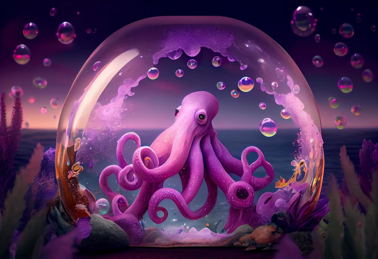 A surrealistic hyperrealistic fairytale cute octopus. The background is a landscape with purple, pink  and iridescent soap bubbles floating around, generat ai photo