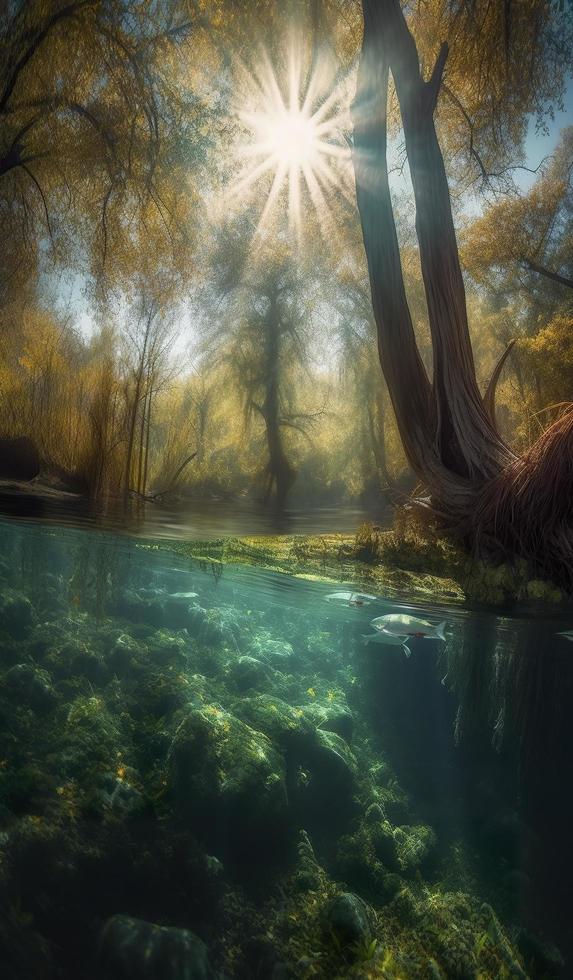big fish swimming below the surface with trees and sunlight, in the style of otherworldly landscapes, generat ai photo