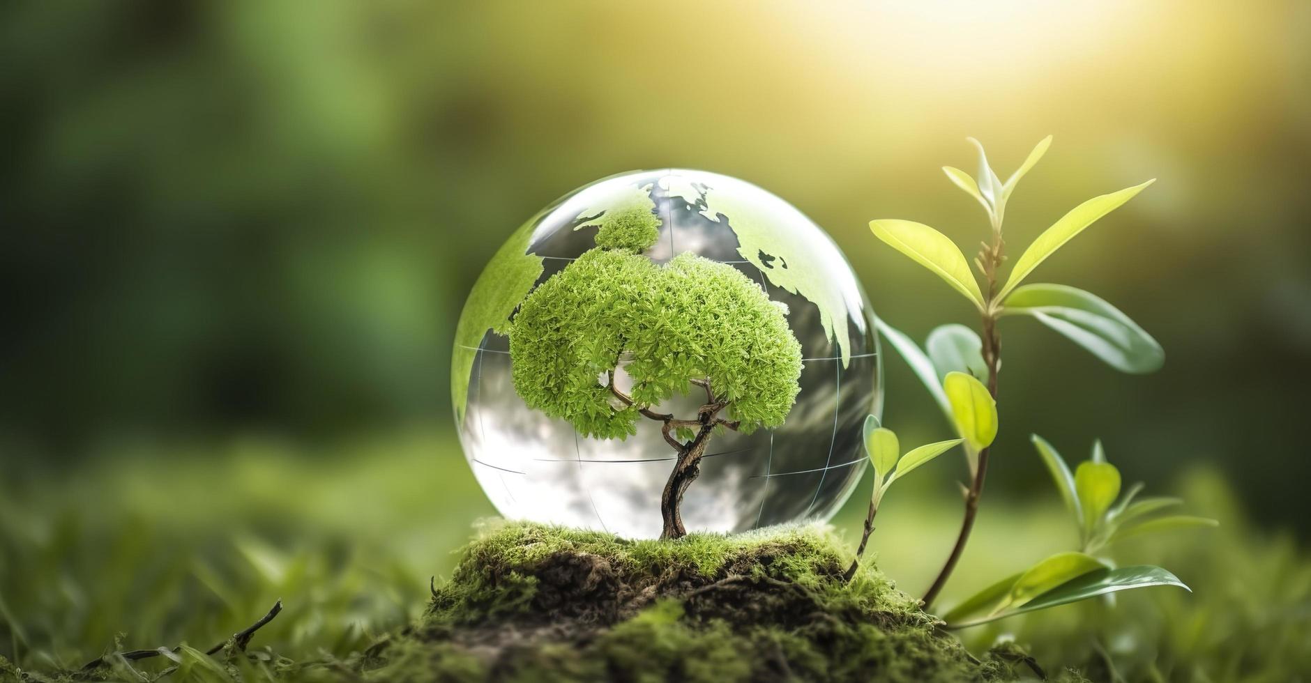 Photo glass globe ball with tree growing and green nature blur background eco earth day concept, generat ai