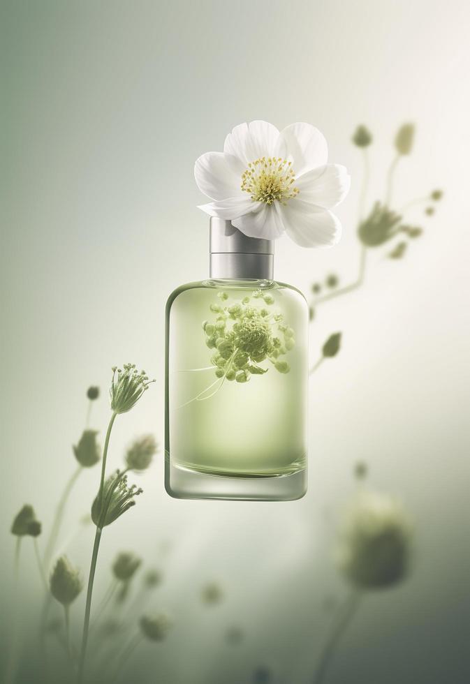 a small bottle with flowers is flying around, in the style of minimal retouching, gong bi, soft color blending, light green and white, layered imagery, generat ai photo