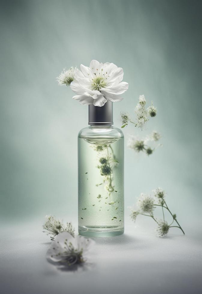 un pequeño botella con flores es volador alrededor, en el estilo de mínimo retocando, gong bi, suave color mezcla, ligero verde y blanco, en capas imágenes, generar ai foto