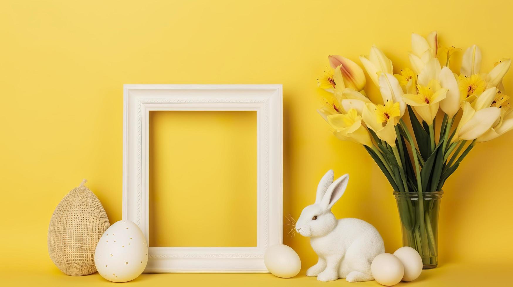 gratis foto un vacío blanco frontera marco decorado con lirio flores, Conejo figurilla y Pascua de Resurrección huevos en amarillo fondo, generar ai