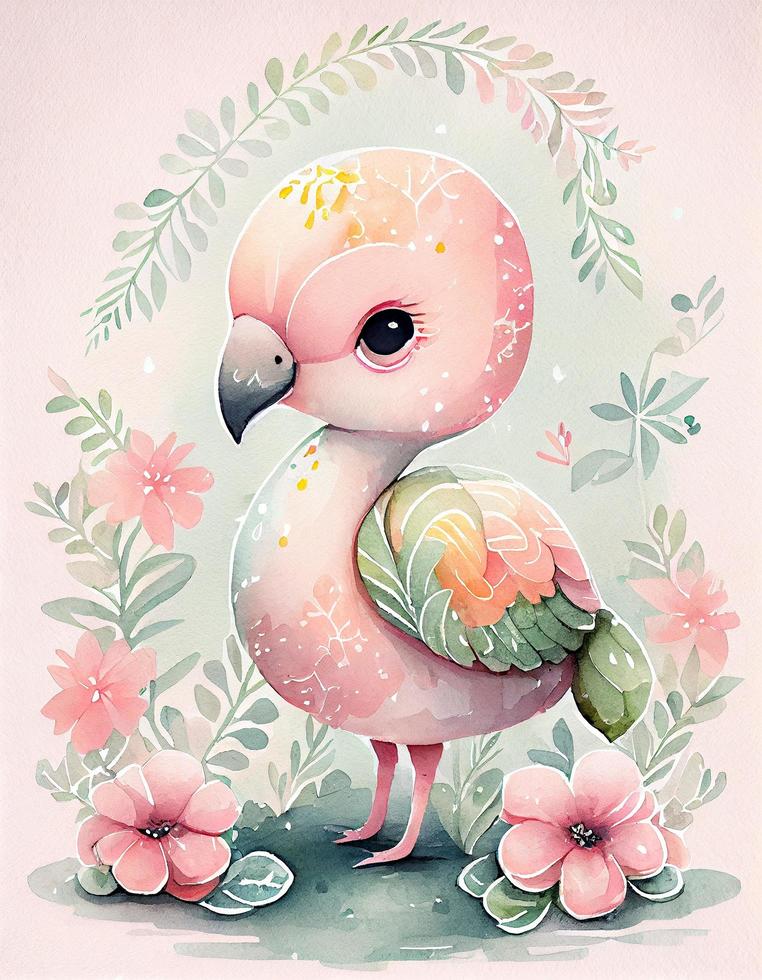 reamy watercolor cute happy chibi flamingo with flowery fairytale background, soft pastel colors, generat ai photo