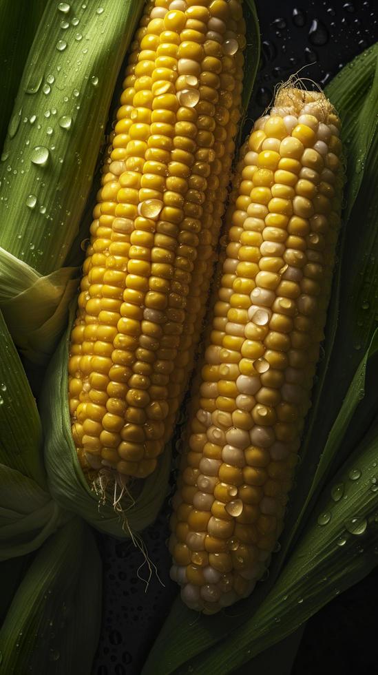 Fresco maíz sin costura fondo, adornado con brillante gotas de agua. parte superior abajo vista, generar ai foto