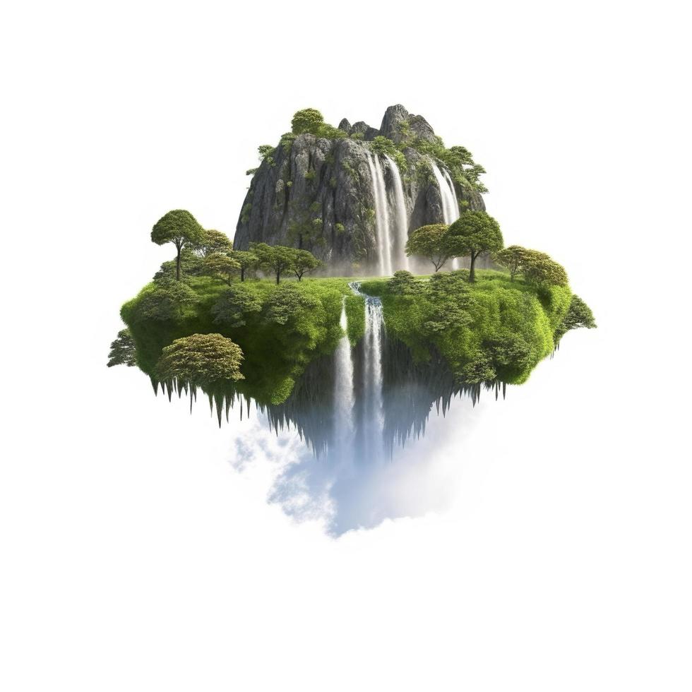 Floating fantasy island, with waterfall and green grass and trees, mountains, heaven touch on flying piece of land, clouds, isolated on white background, generat ai photo