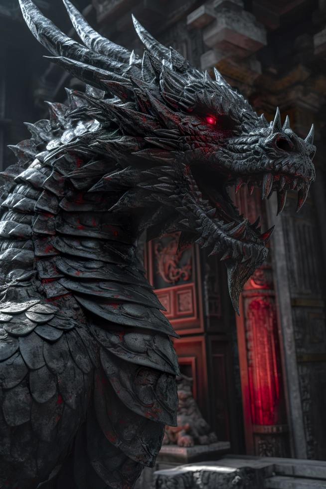 A huge black Chinese dragon with red eyes,  one wearing red armor, armor on the back, dark dungeon on both sides, mountain, generate ai photo