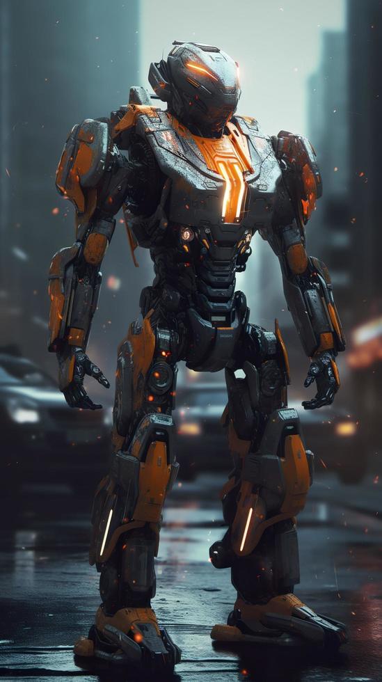 a robot armoured with orange and black lights, in the style of anime art, wlop, sharp lines, 8k resolution, the new fauves, exaggerated poses, generate ai photo