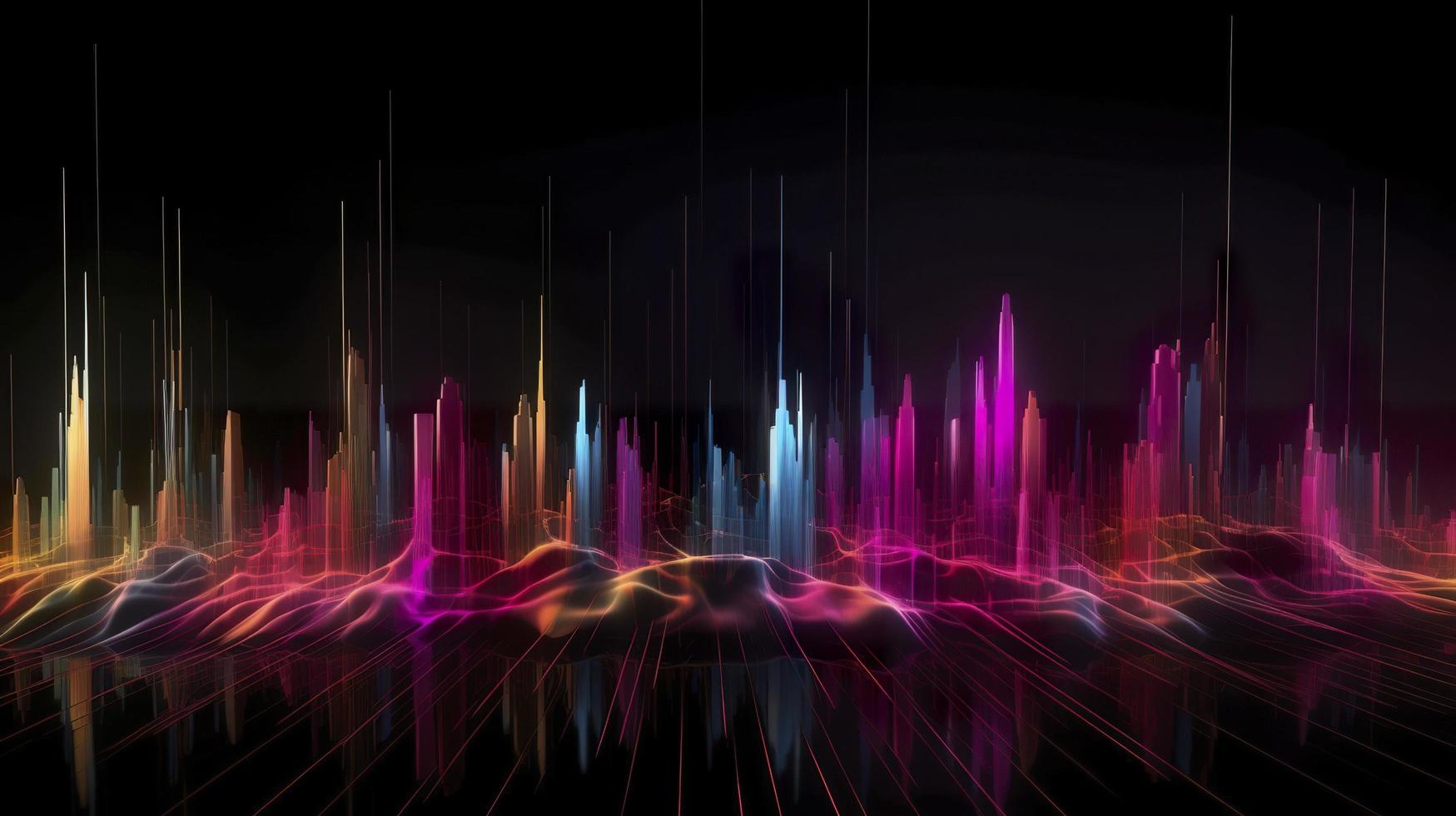 light lines with bright colors in a dark environment, in the style of futuristic landscapes, vibrant skylines, light bronze and magenta, light crimson and light blue, generat ai photo
