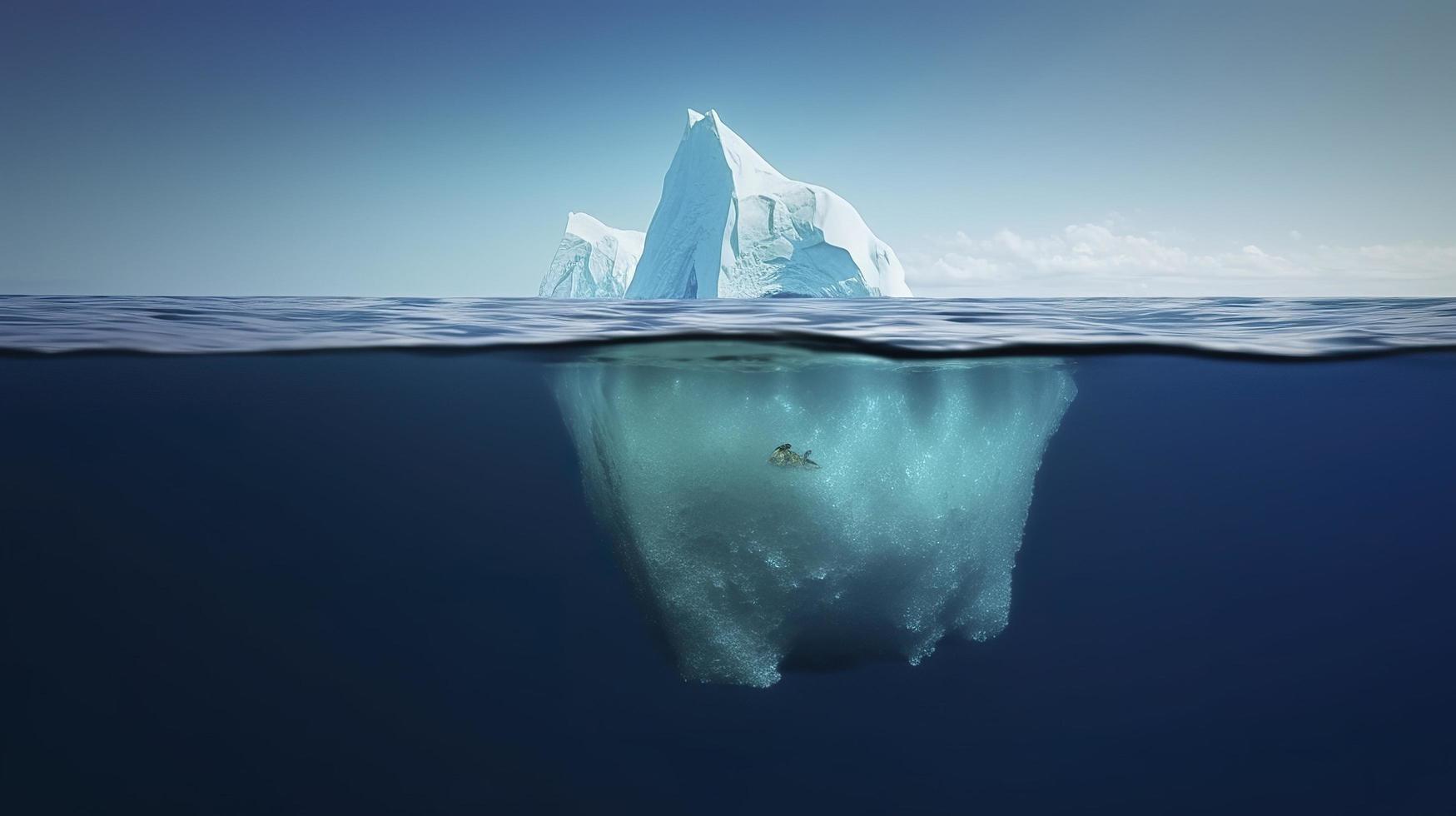 iceberg con encima y submarino ver tomado en Groenlandia. iceberg - oculto peligro y global calentamiento concepto. iceberg espejismo creativo idea, generar ai foto