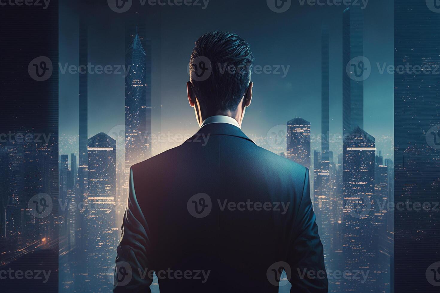 Back view of a businessman looking at skyscrapers represents Youthful Courage in the business world photo