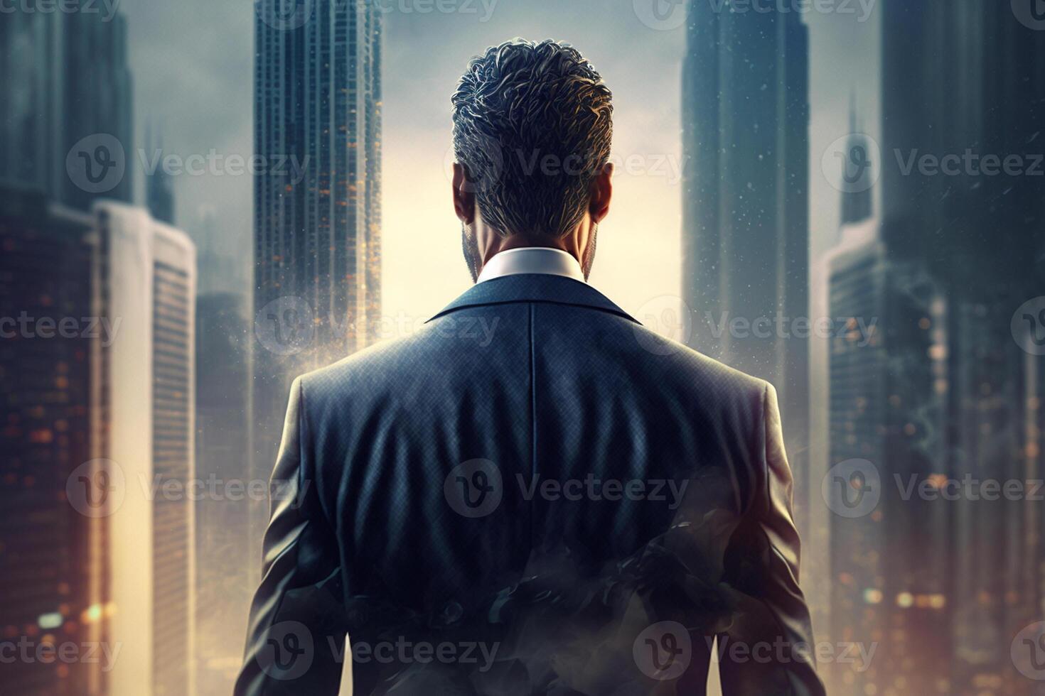 Back view of a businessman looking at skyscrapers represents Youthful Courage in the business world photo