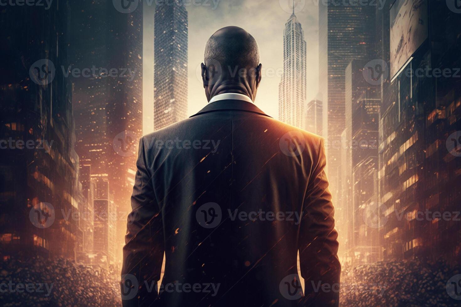 Back view of a businessman looking at skyscrapers represents Youthful Courage in the business world photo