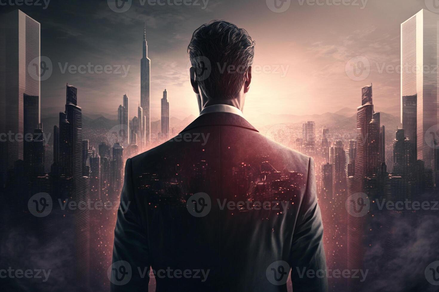 Back view of a businessman looking at skyscrapers represents Youthful Courage in the business world photo