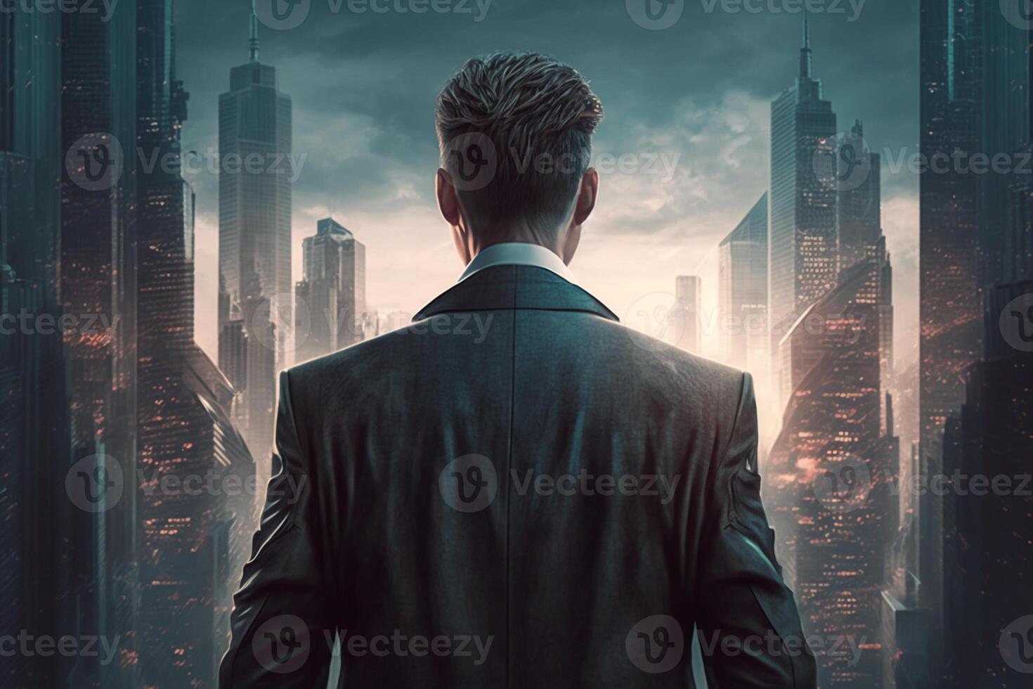Back view of a businessman looking at skyscrapers represents Youthful Courage in the business world photo