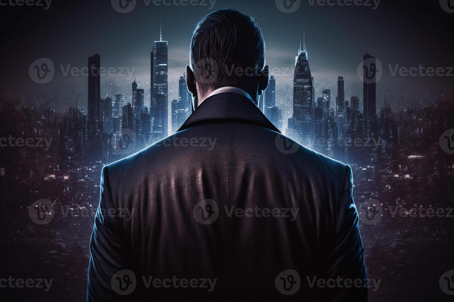 Back view of a businessman looking at skyscrapers represents Youthful Courage in the business world photo