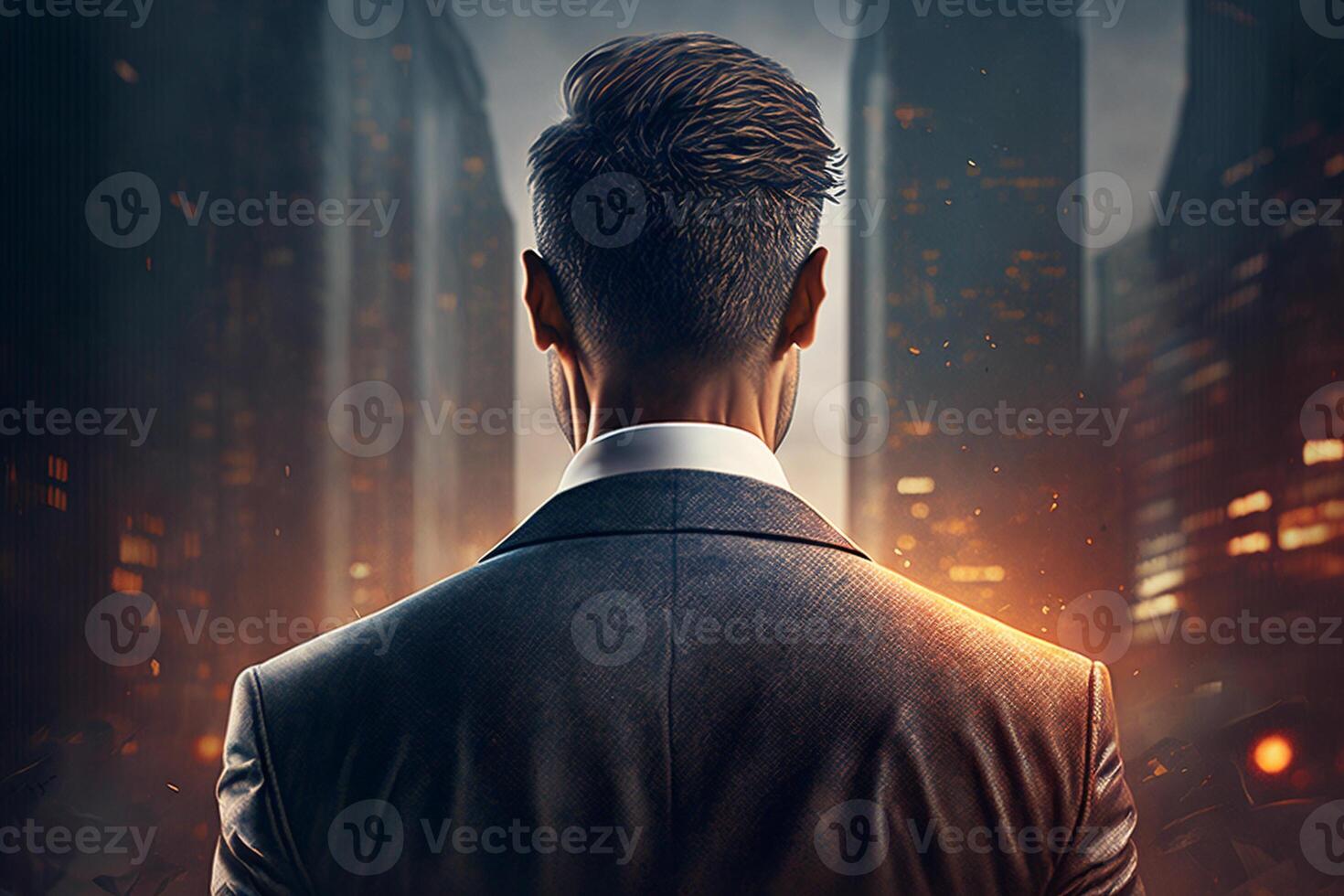 Back view of a businessman looking at skyscrapers represents Youthful Courage in the business world photo