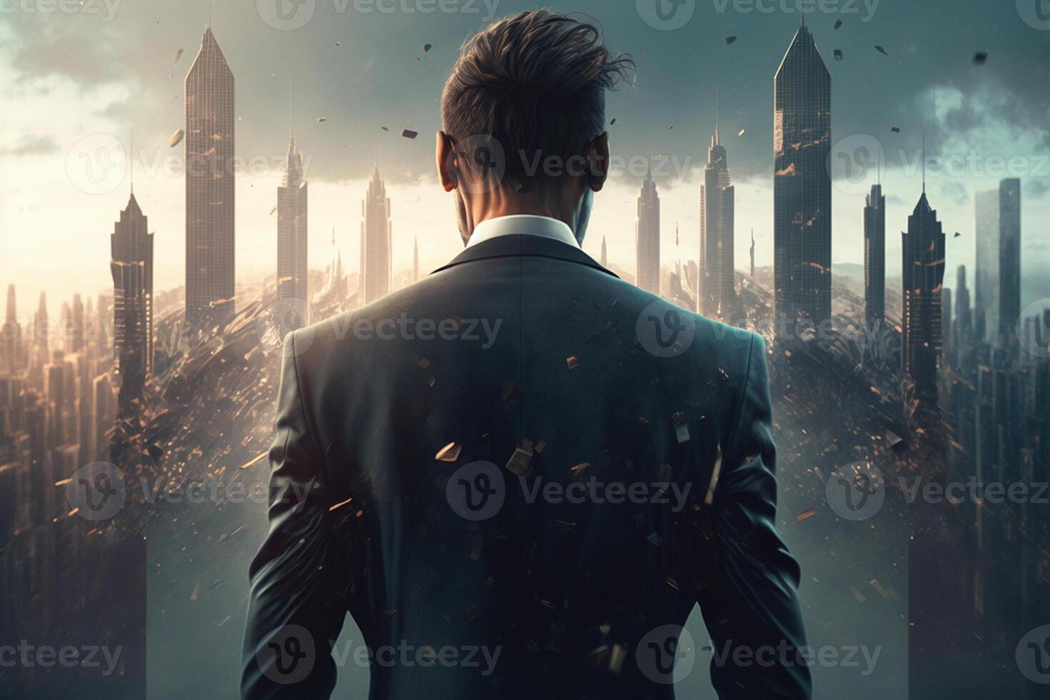 Back view of a businessman looking at skyscrapers represents Youthful Courage in the business world photo