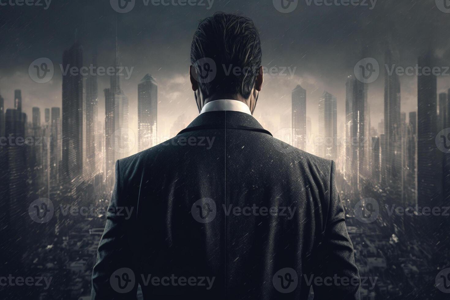 Back view of a businessman looking at skyscrapers represents Youthful Courage in the business world photo