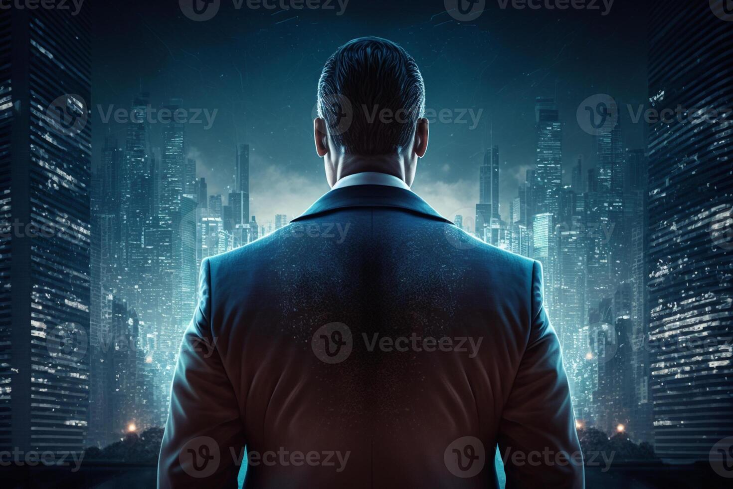 Back view of a businessman looking at skyscrapers represents Youthful Courage in the business world photo