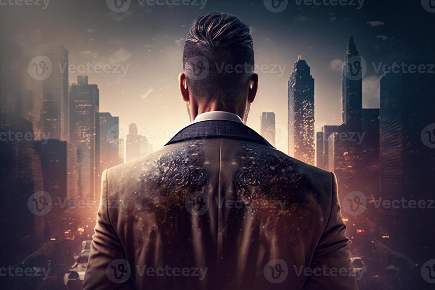 Back view of a businessman looking at skyscrapers represents Youthful Courage in the business world photo