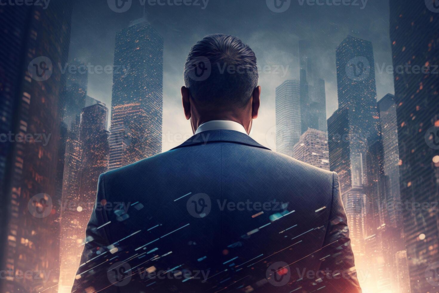 Back view of a businessman looking at skyscrapers represents Youthful Courage in the business world photo