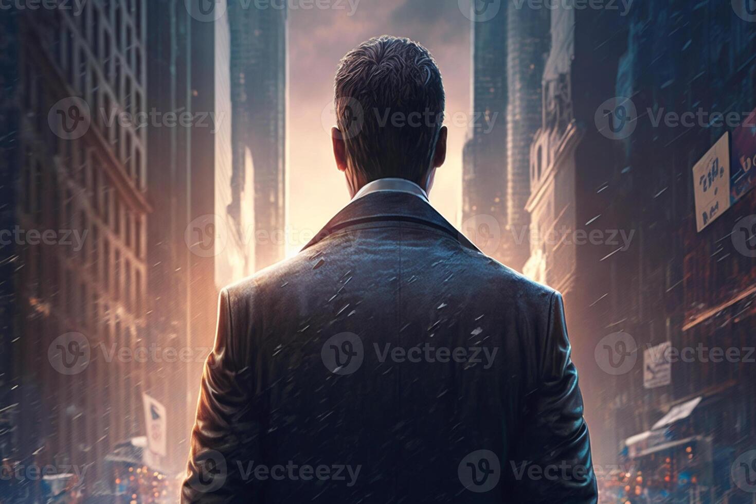 Back view of a businessman looking at skyscrapers represents Youthful Courage in the business world photo