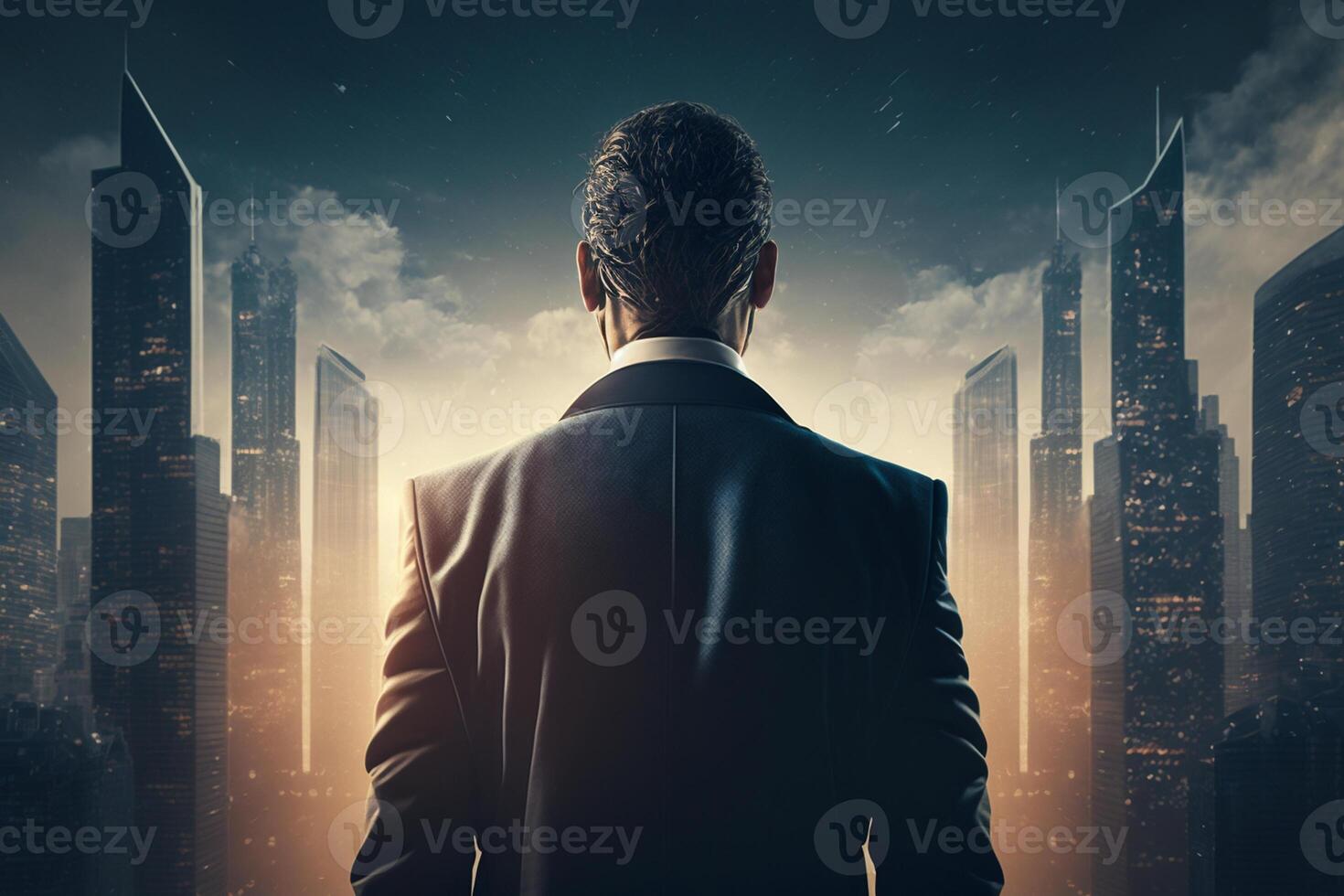 Back view of a businessman looking at skyscrapers represents Youthful Courage in the business world photo