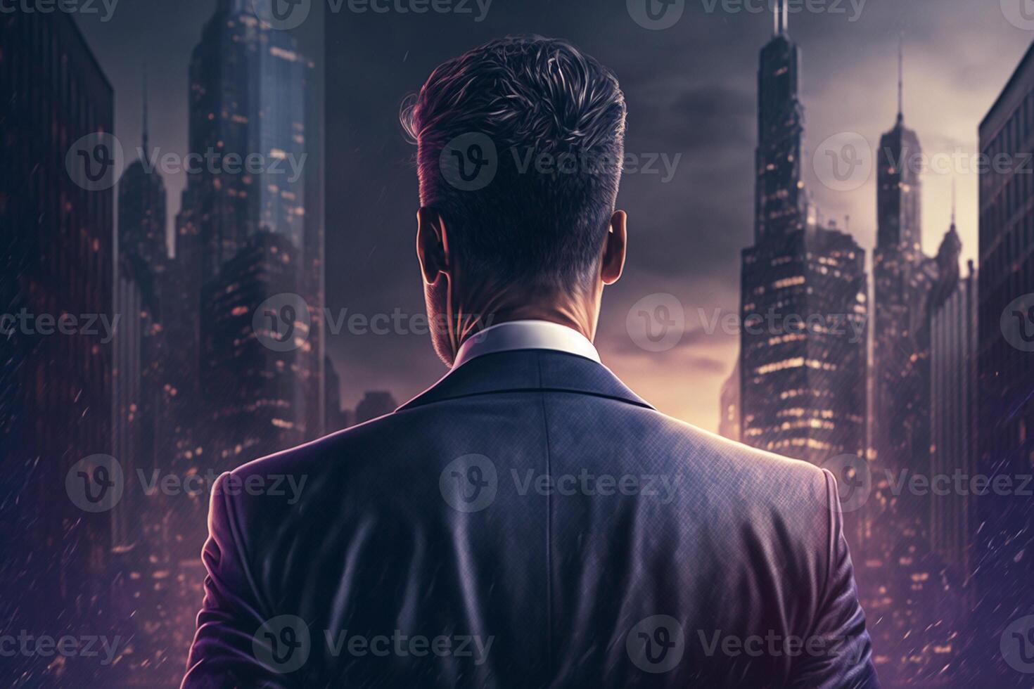 Back view of a businessman looking at skyscrapers represents Youthful Courage in the business world photo