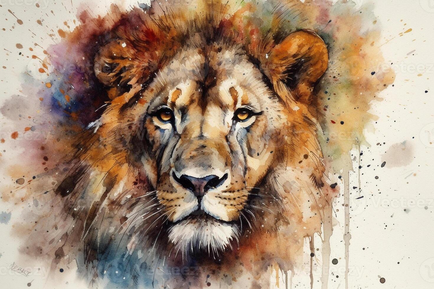 Watercolor portrait of a lion in front of a watercolor background photo
