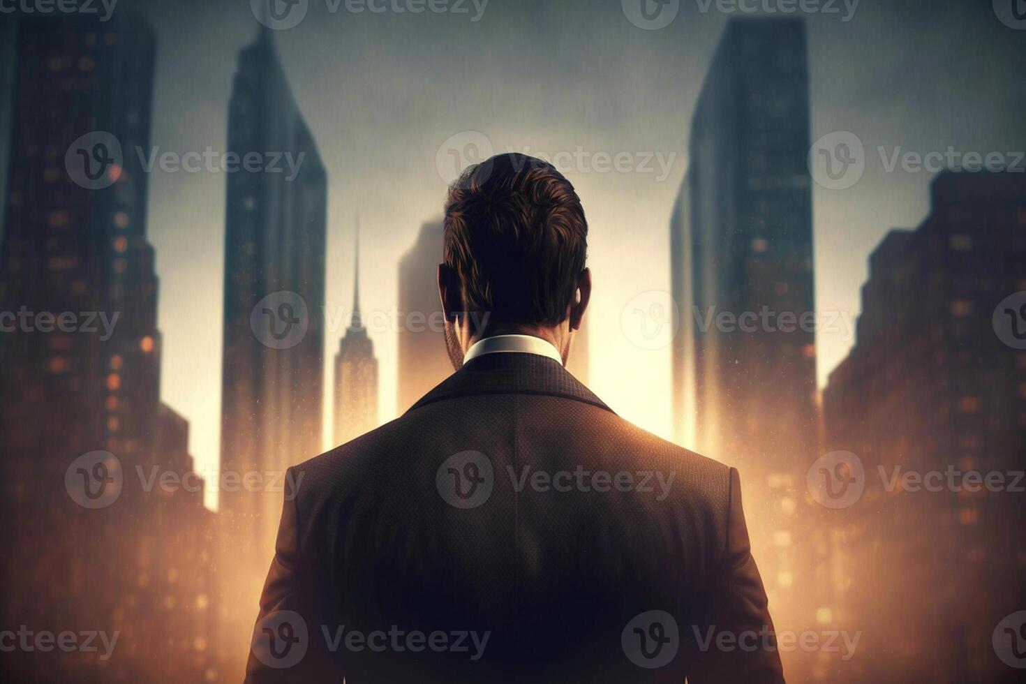 Back view of a businessman looking at skyscrapers represents Youthful Courage in the business world photo