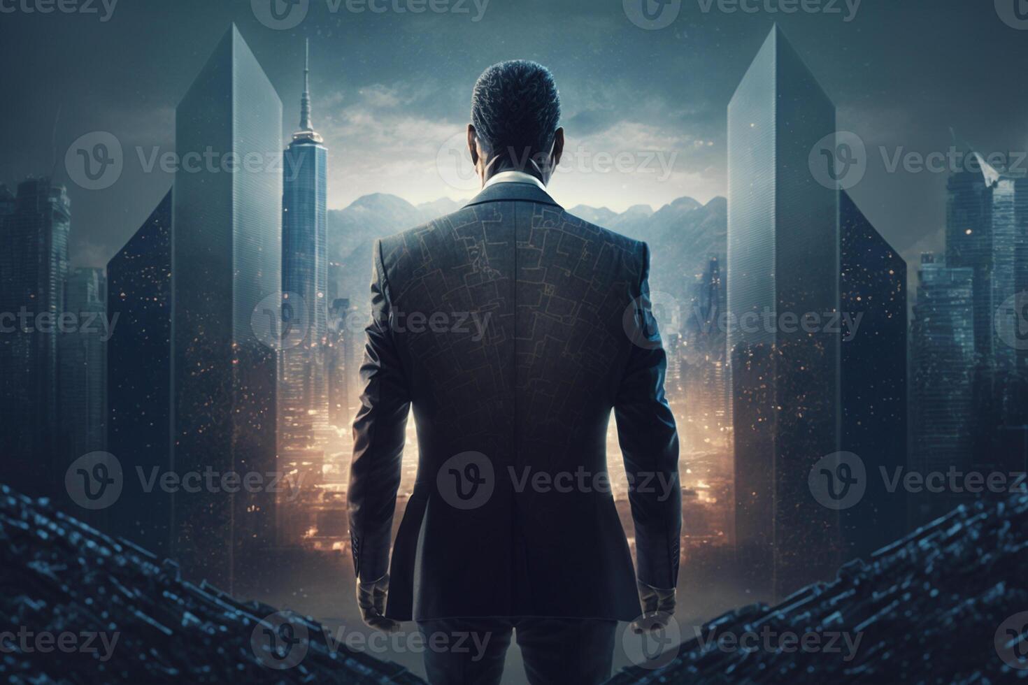 Back view of a businessman looking at skyscrapers represents Youthful Courage in the business world photo