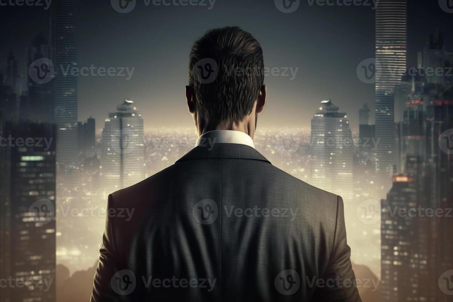 Back view of a businessman looking at skyscrapers represents Youthful Courage in the business world photo