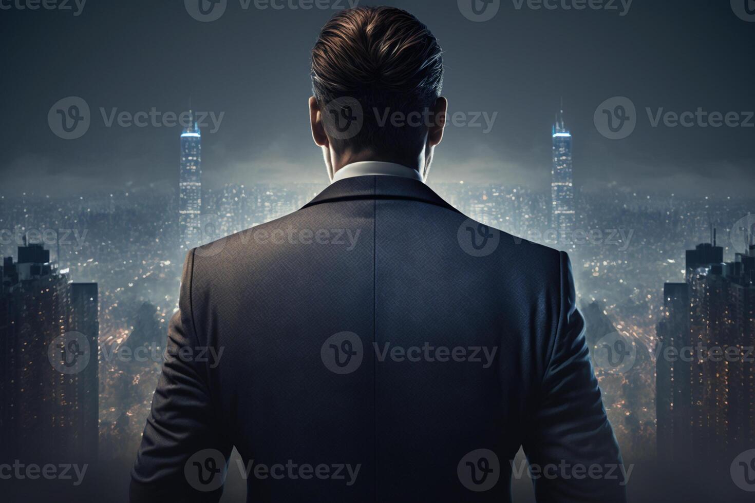 Back view of a businessman looking at skyscrapers represents Youthful Courage in the business world photo