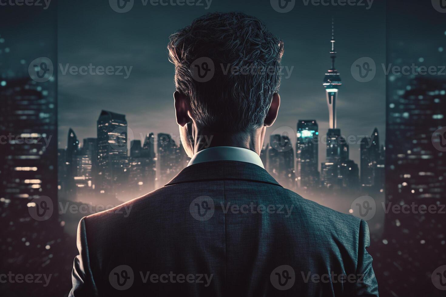 Back view of a businessman looking at skyscrapers represents Youthful Courage in the business world photo