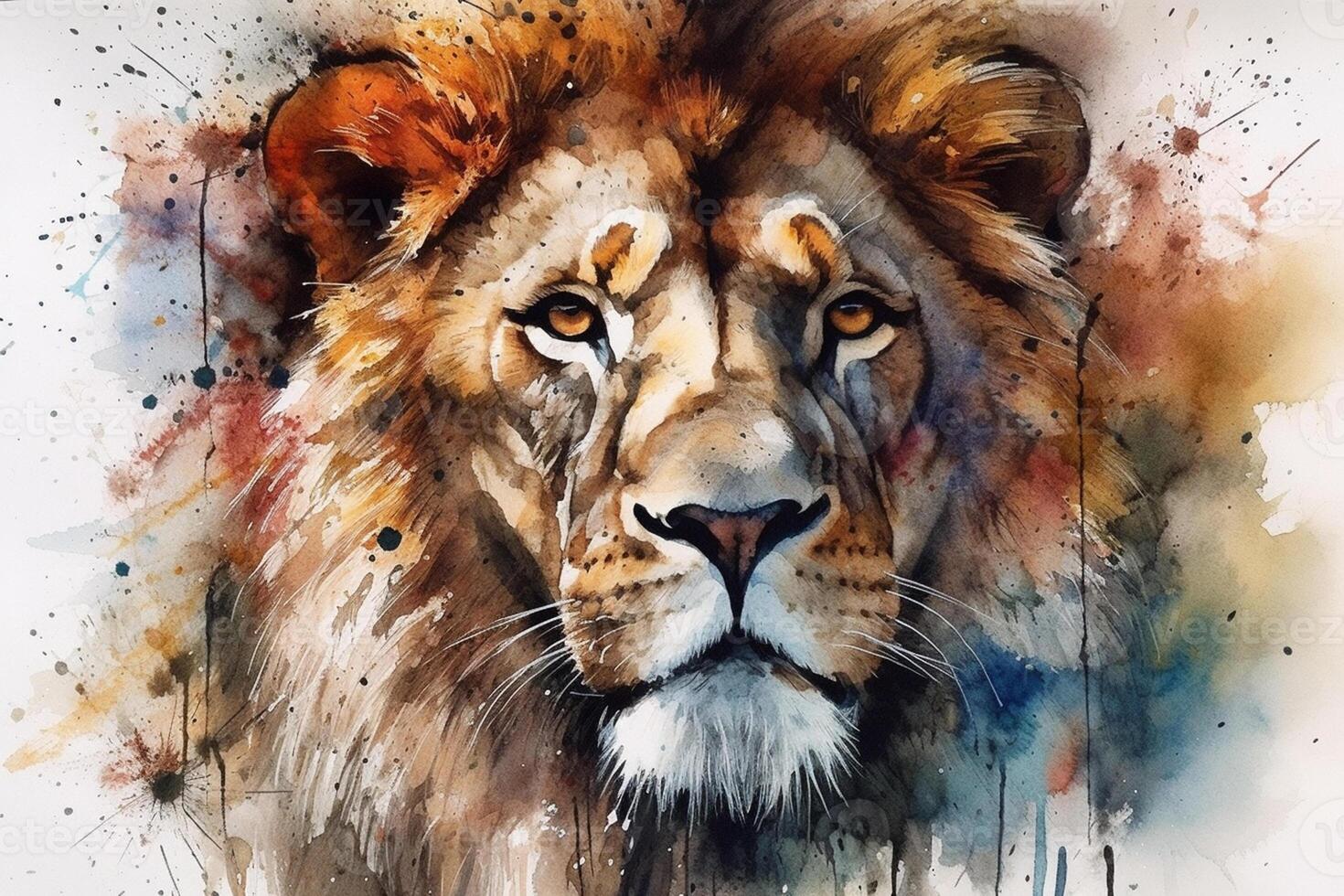 Watercolor portrait of a lion in front of a watercolor background photo