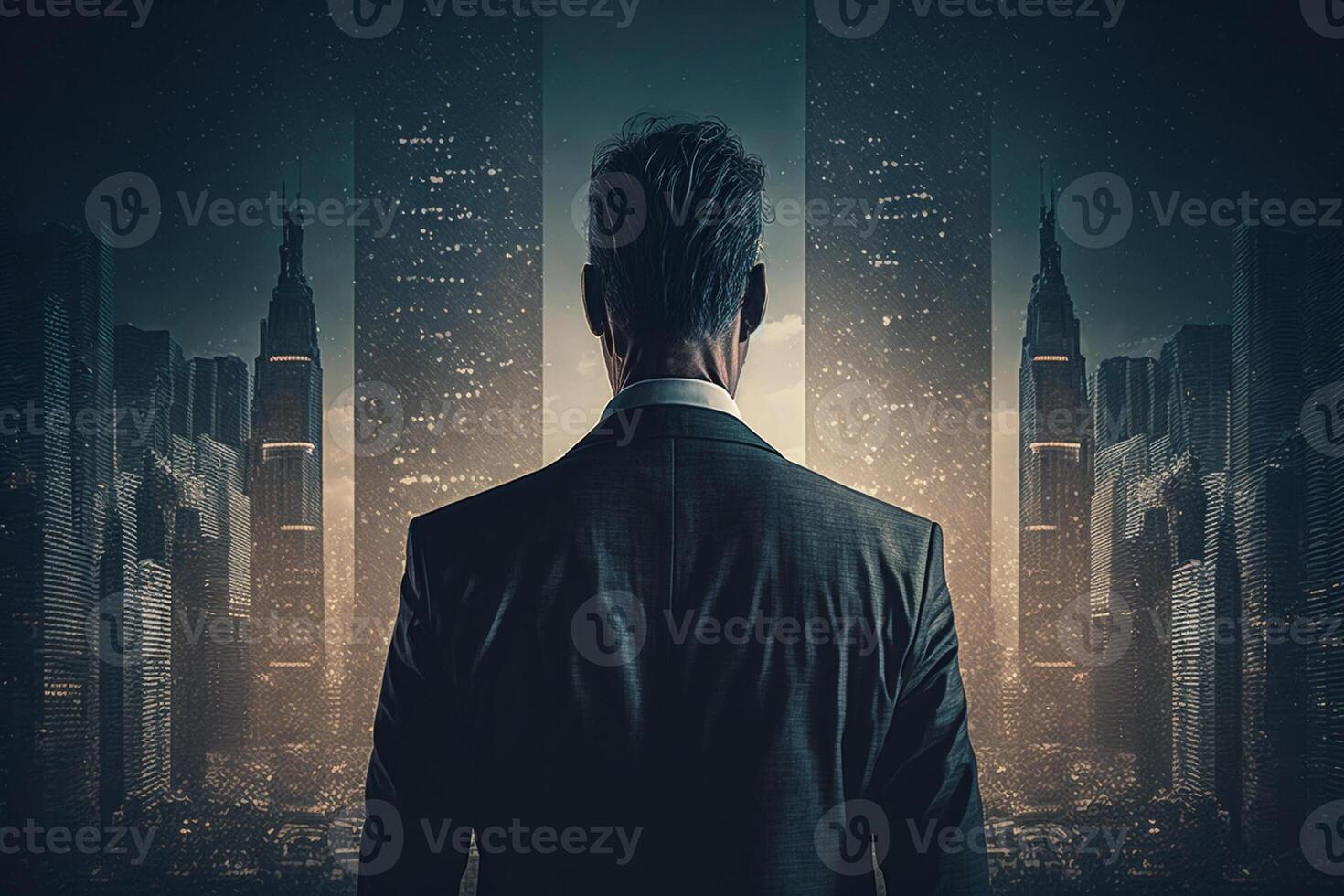 Back view of a businessman looking at skyscrapers represents Youthful Courage in the business world photo