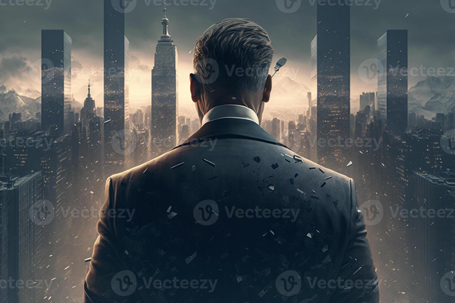 Back view of a businessman looking at skyscrapers represents Youthful Courage in the business world photo