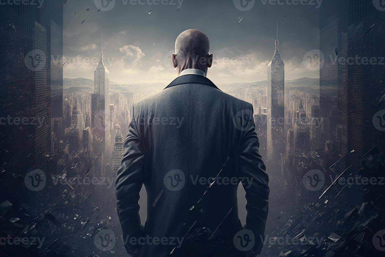 Back view of a businessman looking at skyscrapers represents Youthful Courage in the business world photo