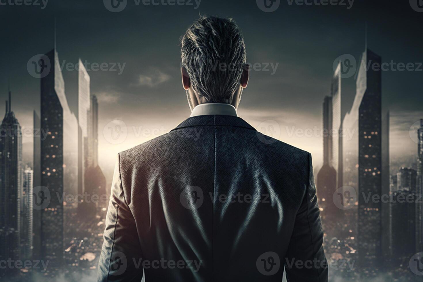 Back view of a businessman looking at skyscrapers represents Youthful Courage in the business world photo